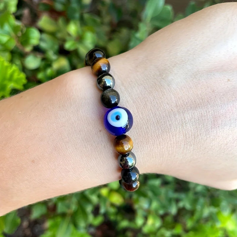 Evil Eye Triple Protection Bracelet Tiger Eye Hematite Obsidian Protection Bracelet