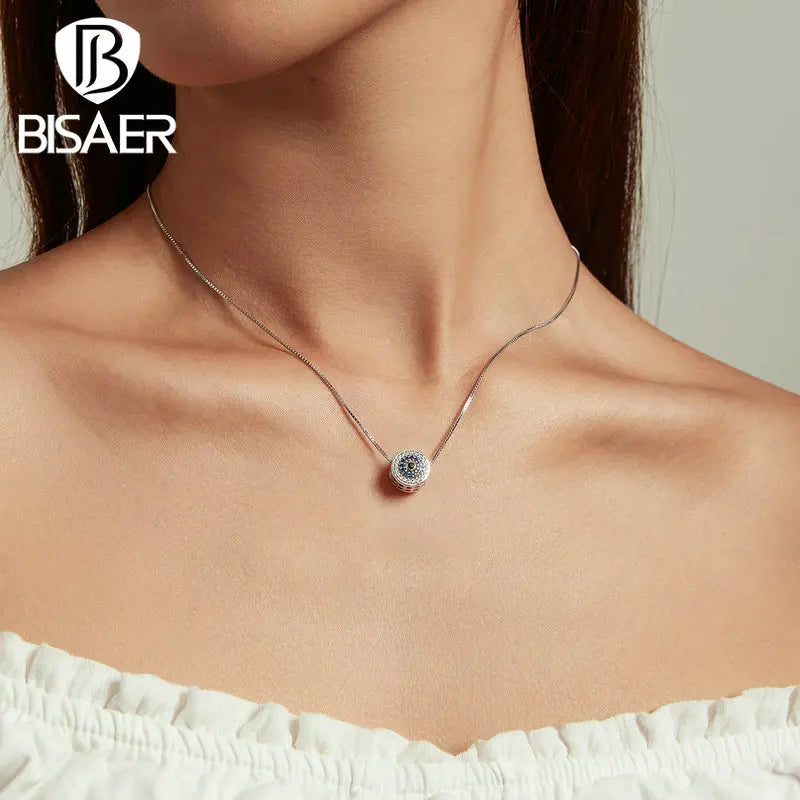 BISAER 100% 925 Sterling Silver Demon Eye Necklace Bule Zircon Lucky Neck Chains For Women Party Original Fine Jewelry Gift