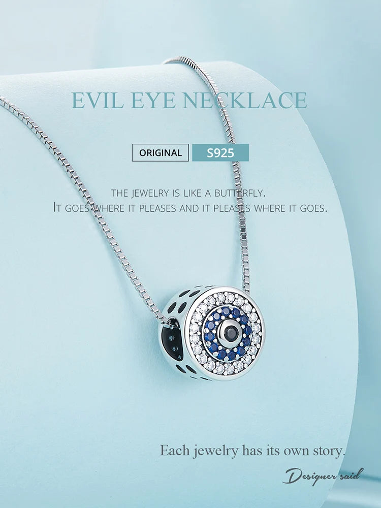 BISAER 100% 925 Sterling Silver Demon Eye Necklace Bule Zircon Lucky Neck Chains For Women Party Original Fine Jewelry Gift