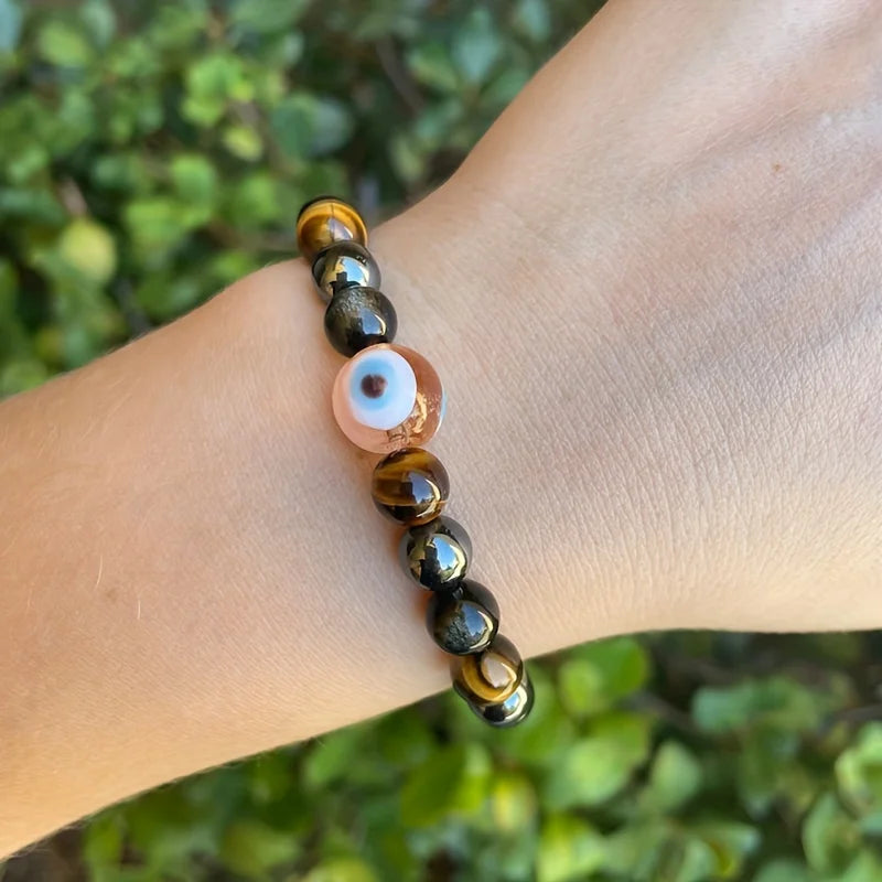 Evil Eye Triple Protection Bracelet Tiger Eye Hematite Obsidian Protection Bracelet