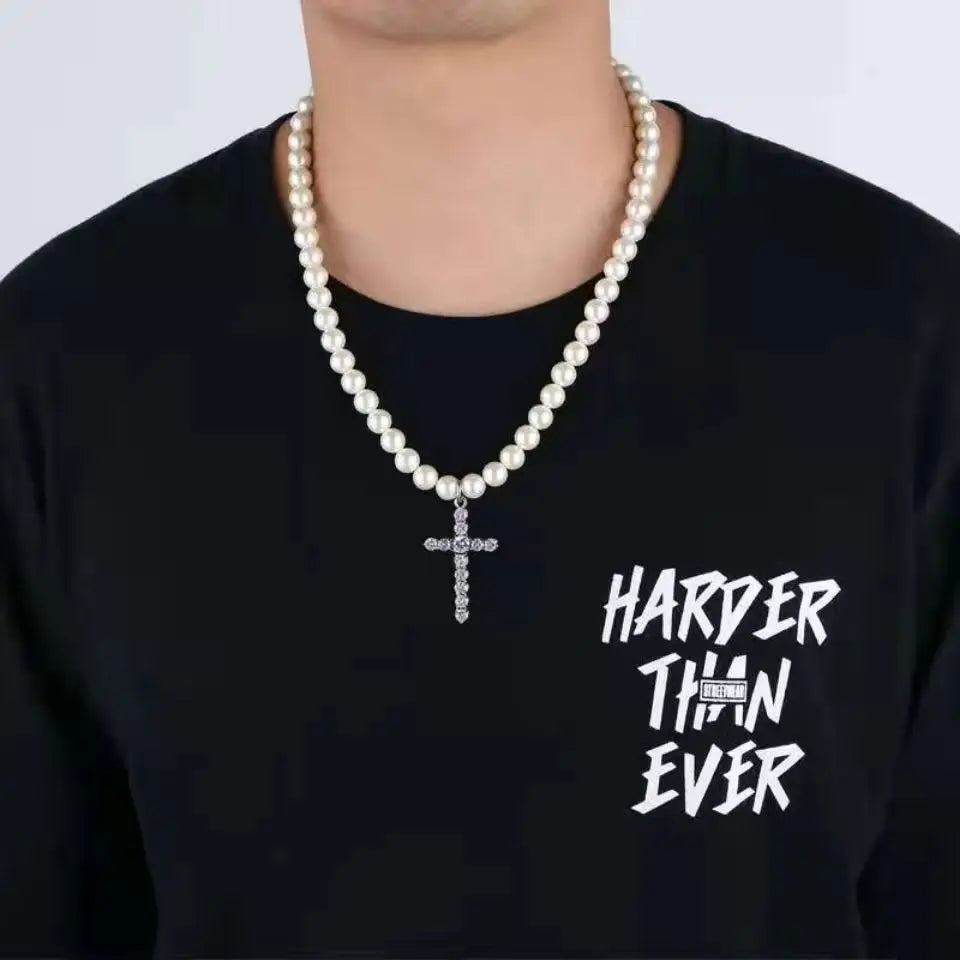 European and American artificial pearl cross necklace trend hip hop pendant retro clavicle chain ladies couple pendant gift