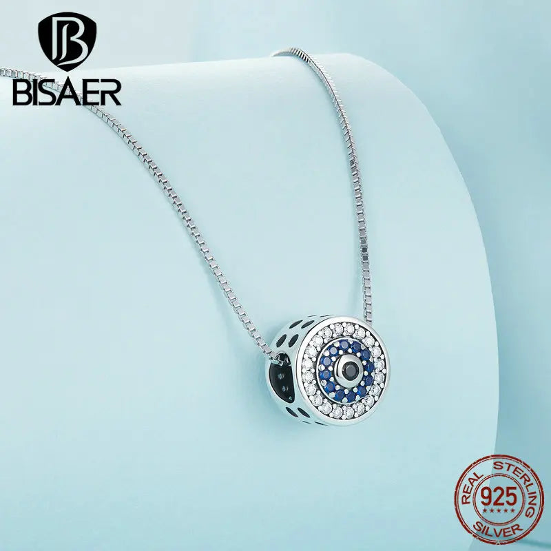 BISAER 100% 925 Sterling Silver Demon Eye Necklace Bule Zircon Lucky Neck Chains For Women Party Original Fine Jewelry Gift