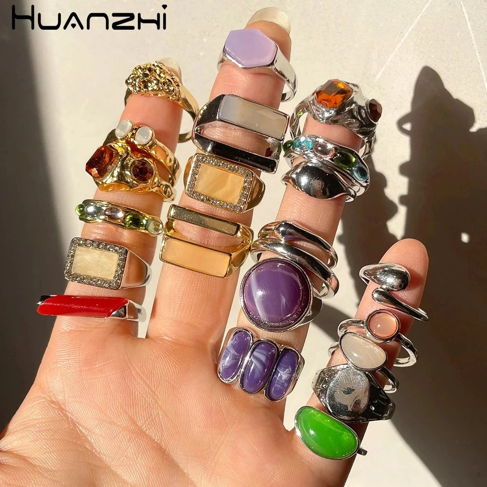 HZ 2021 New Korea 5pcs/set Colorful Stone Rhinestone Metal Chain Trendy Geometry Hit Rings Set for Women Girls Jewelry Gifts