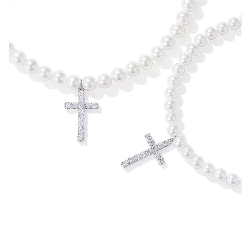 European and American artificial pearl cross necklace trend hip hop pendant retro clavicle chain ladies couple pendant gift