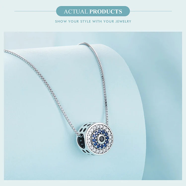 BISAER 100% 925 Sterling Silver Demon Eye Necklace Bule Zircon Lucky Neck Chains For Women Party Original Fine Jewelry Gift