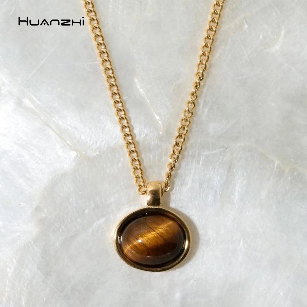 HangZhi Brown Pattern Natural Stone Pendant Necklace Fashion Stainless Steel Plating Jewelry Necklace for Women Men Gift