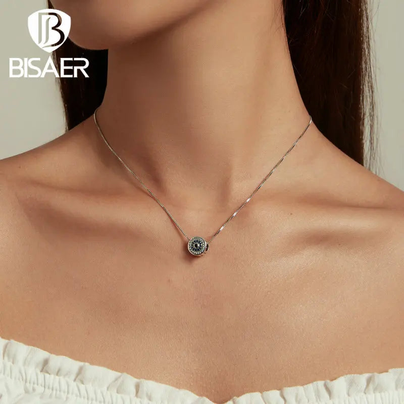 BISAER 100% 925 Sterling Silver Demon Eye Necklace Bule Zircon Lucky Neck Chains For Women Party Original Fine Jewelry Gift