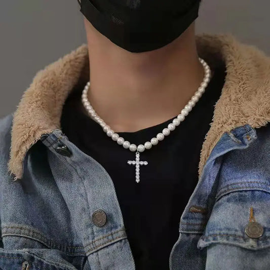 European and American artificial pearl cross necklace trend hip hop pendant retro clavicle chain ladies couple pendant gift