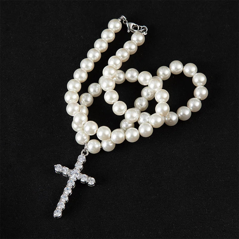 European and American artificial pearl cross necklace trend hip hop pendant retro clavicle chain ladies couple pendant gift