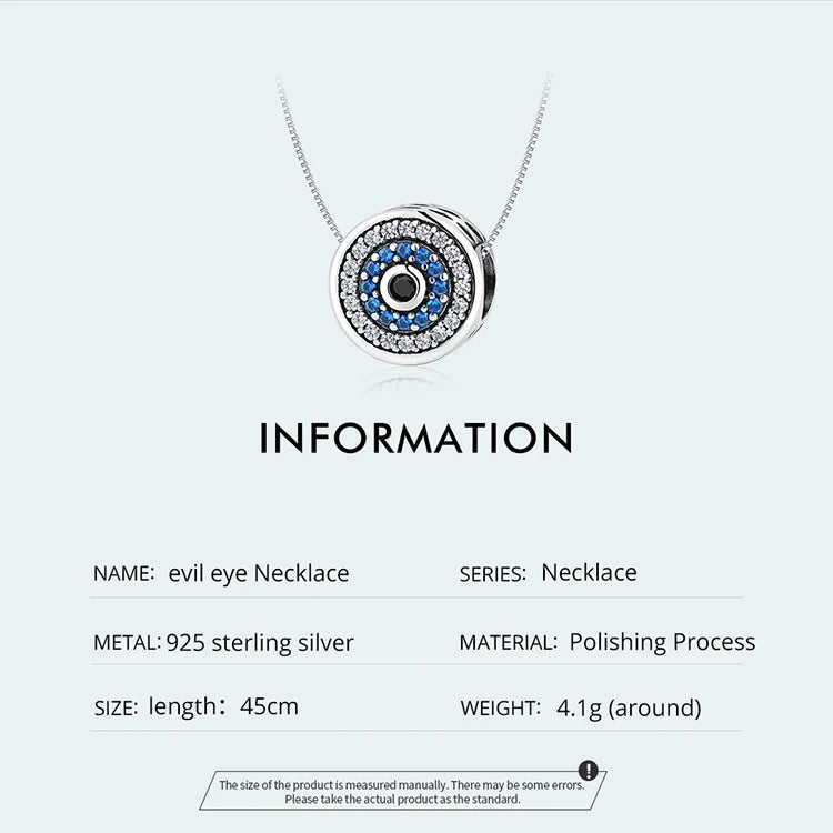 BISAER 100% 925 Sterling Silver Demon Eye Necklace Bule Zircon Lucky Neck Chains For Women Party Original Fine Jewelry Gift