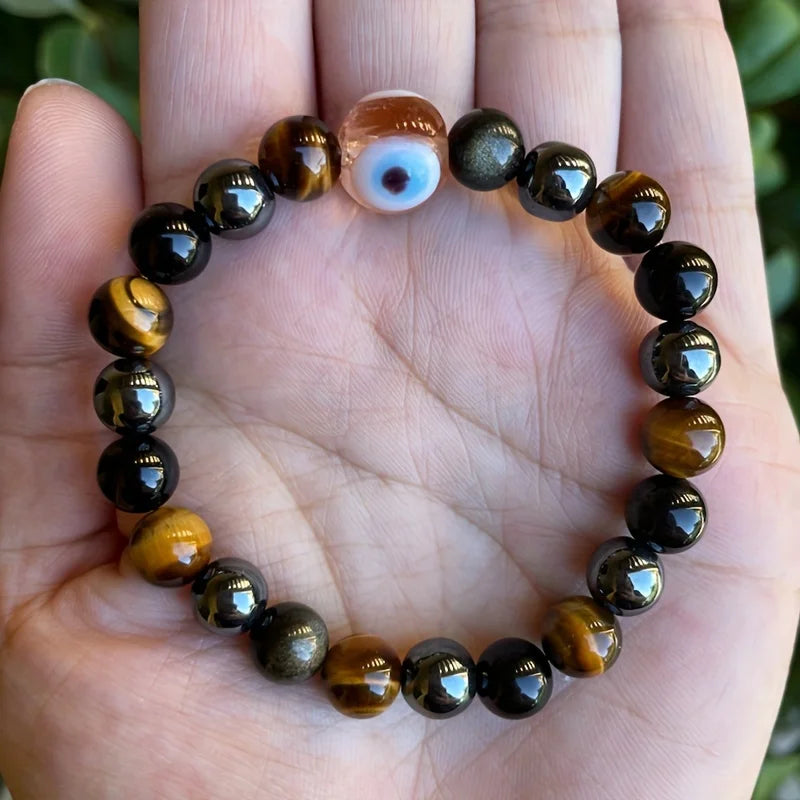 Evil Eye Triple Protection Bracelet Tiger Eye Hematite Obsidian Protection Bracelet