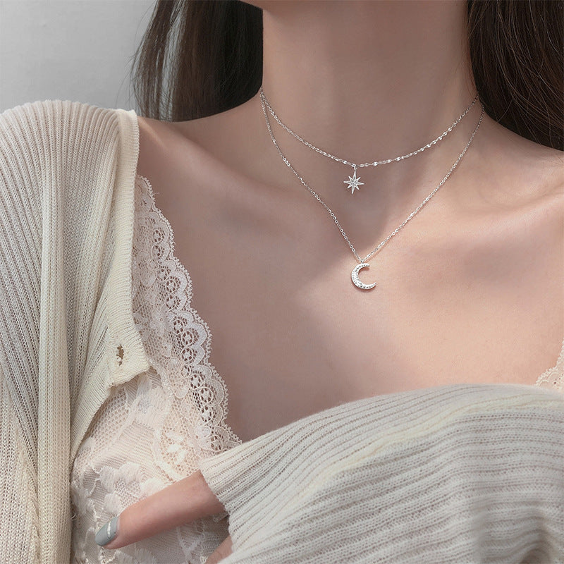 Delysia King   Star Moon double layer Necklace women's light luxury niche design sense overlapping clavicle chain 2021 NEW