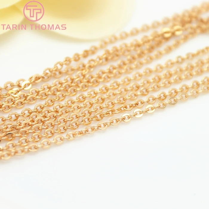 (4295)2Meter width:1.5MM 2MM 24K Champagne Gold Color Brass Flat Oval Chains Necklace Chains High Quality Jewelry Accessories