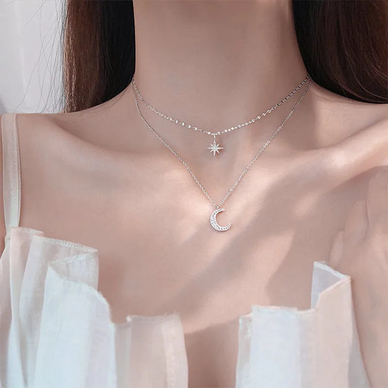 Delysia King   Star Moon double layer Necklace women's light luxury niche design sense overlapping clavicle chain 2021 NEW