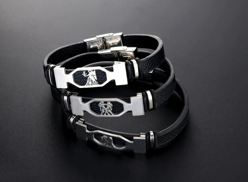 12 Constellation Stainless Steel Cuff Bracelet Men Women Zodiac Sign Black Leather Wrap Bracelet Jewelry bransoletka męska