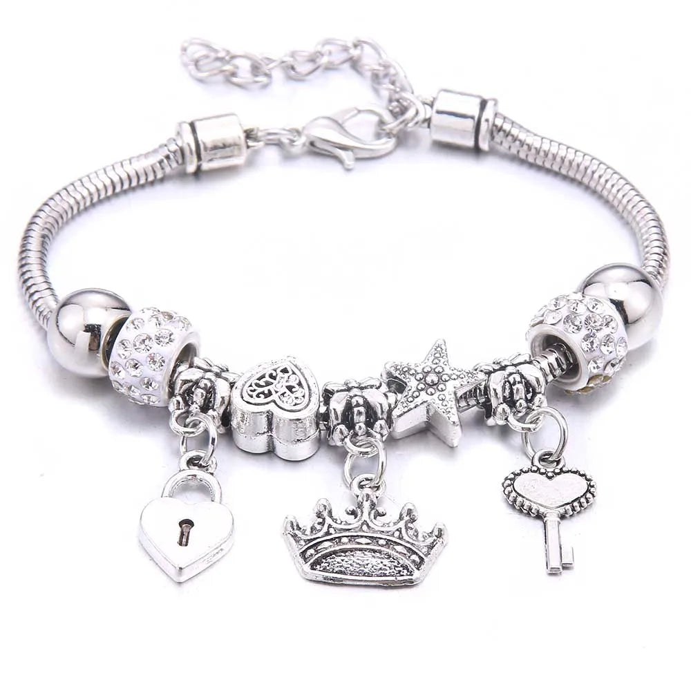 Charm Bracelet & Bangles Jewelry white butterfly Crown Beads Bracelets Brands Bracelets Fit Women Girl Friendship Gift