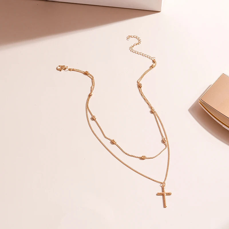 Romantic Cross Pendants Necklace for Women Gold Silver Color Multilayered Oval Beads Chain Necklace Minimalism Female Jewelry