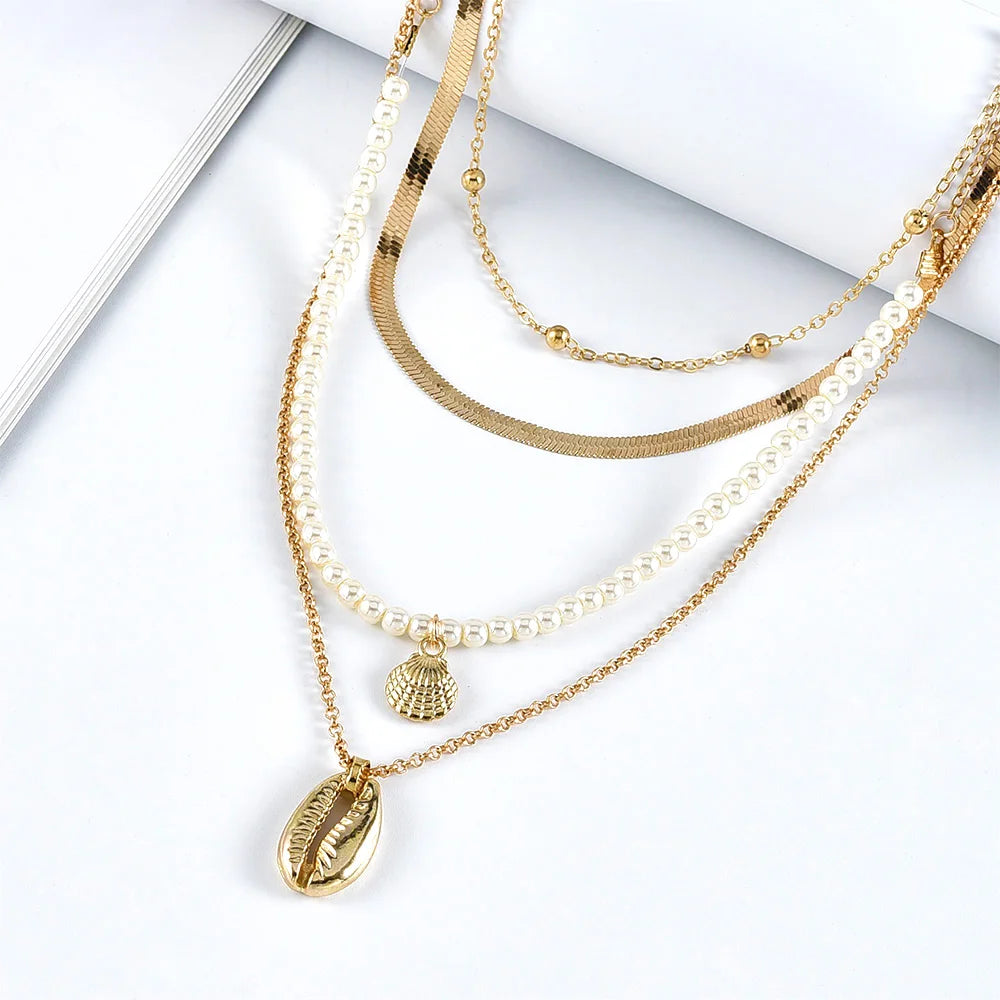 Gold-plate Faux Pearl Snake Chain Shell Pendant Necklaces For Women Necklace New Multi Level Female Boho Vintage Jewelry Gift