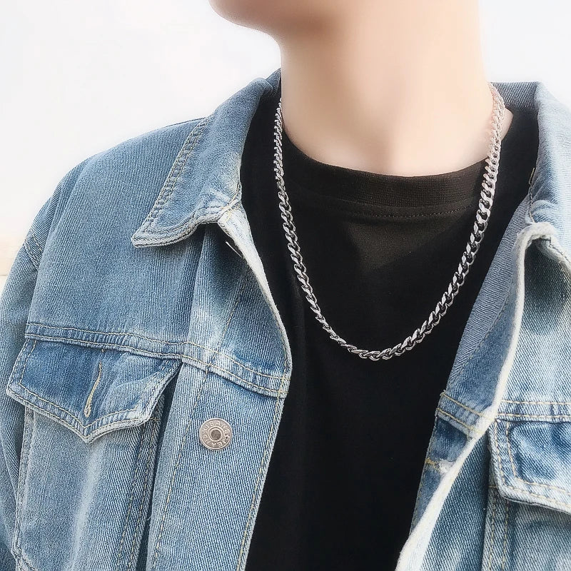 Stainless Steel Chain Necklace Long Hip Hop for Women Men on The Neck Fashion Jewelry Gift Accessories Silver Color Choker