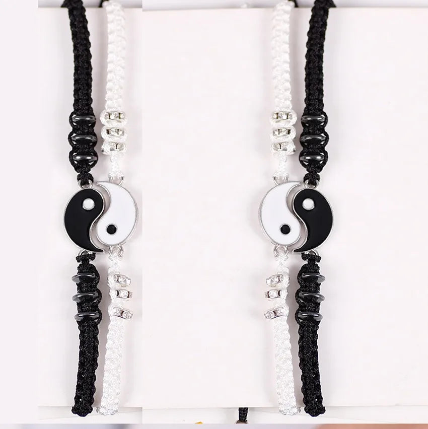 2/4Pcs Tai Chi Yin Yang Couple Bracelets Necklaces Set Pendant Adjustable Braid Chain Bracelet Matching Lover Bracelets Choker