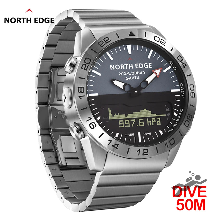 NORTH EDGE Mens Dive Watch Military Army Luxury Full Steel Smartwatch Compass Altimeter Barometer Digital Clock Waterproof 200m