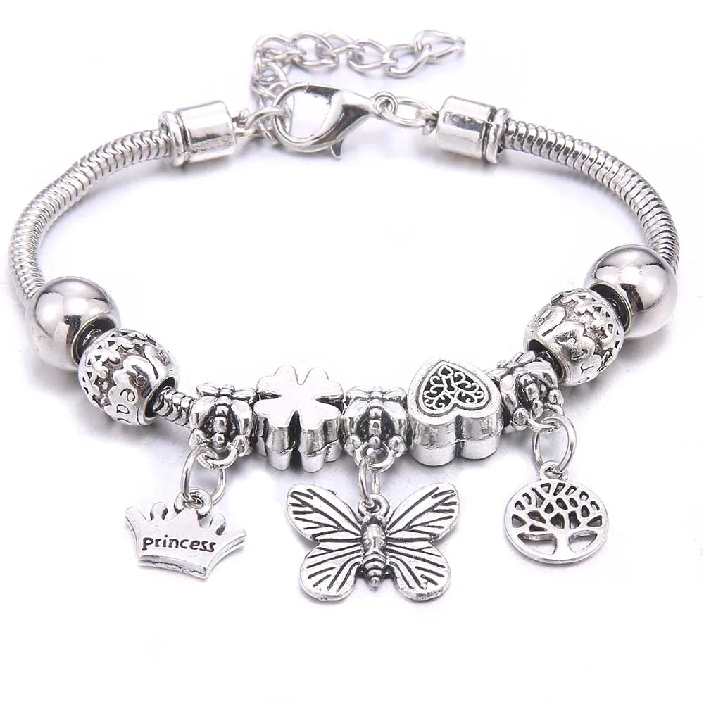 Charm Bracelet & Bangles Jewelry white butterfly Crown Beads Bracelets Brands Bracelets Fit Women Girl Friendship Gift