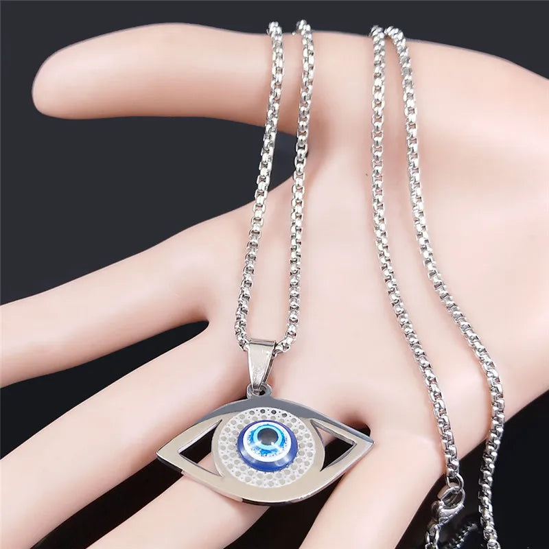 Islam Hamsa Evil Blue Eye Necklace Stainless Steel Turkish Eye Chain Bracelet Greek Jewelry ojo turco acero inoxidable N1137S02