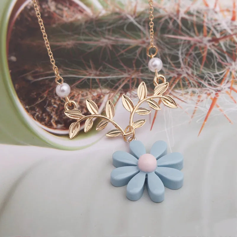 NK106 Delicate Sunflower Pendant Necklace For Women Daily Imitation Pearl Jewelry Sweater Daisy Flower Leaf Collar Accessories