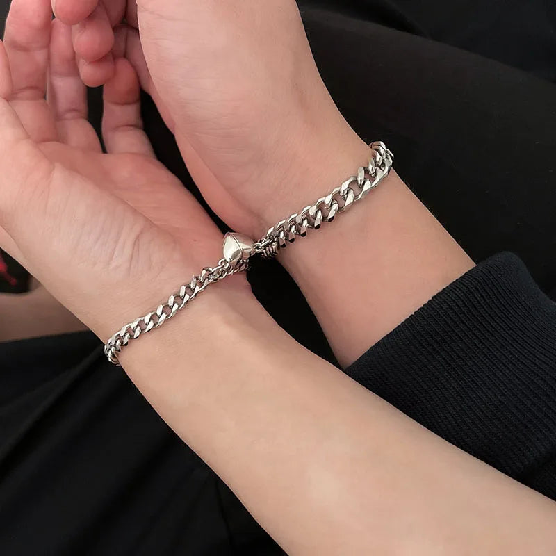 2Pcs Punk Silver Color Chain Couple Bracelet for Women Copper Alloy Romantic Magnet Men Paired Things Fashion Jewelry