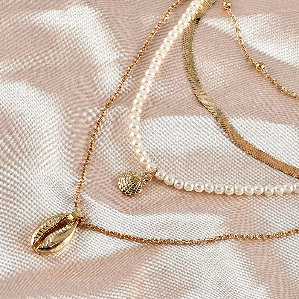 Gold-plate Faux Pearl Snake Chain Shell Pendant Necklaces For Women Necklace New Multi Level Female Boho Vintage Jewelry Gift