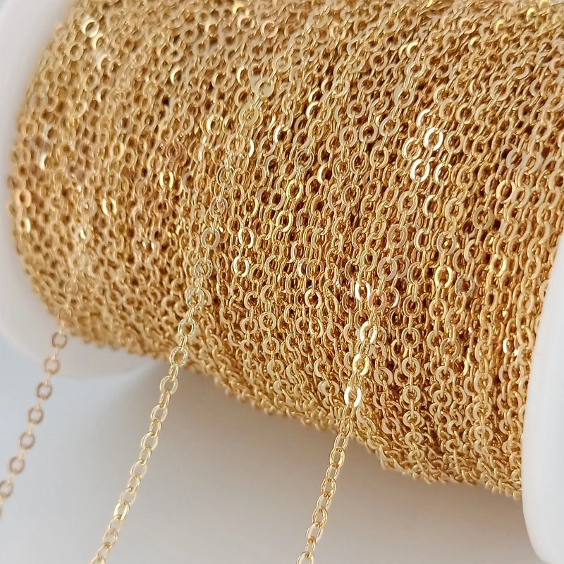 (4295)2Meter width:1.5MM 2MM 24K Champagne Gold Color Brass Flat Oval Chains Necklace Chains High Quality Jewelry Accessories