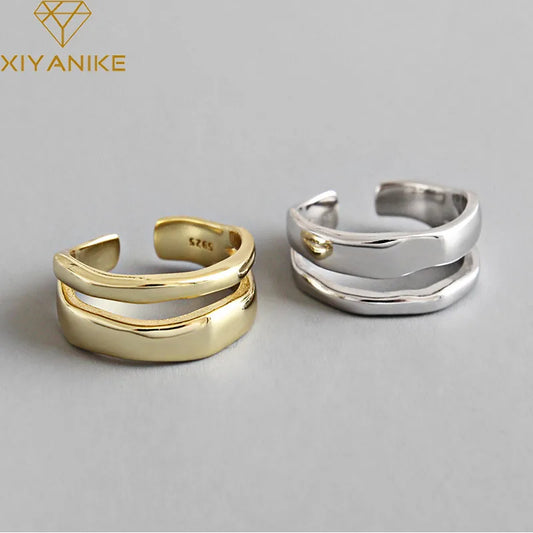 XIYANIKE Silver Color Trendy Elegant Twist Two Circle Rings for Women Couple Simple Geometric Handmade Jewelry Adjustable