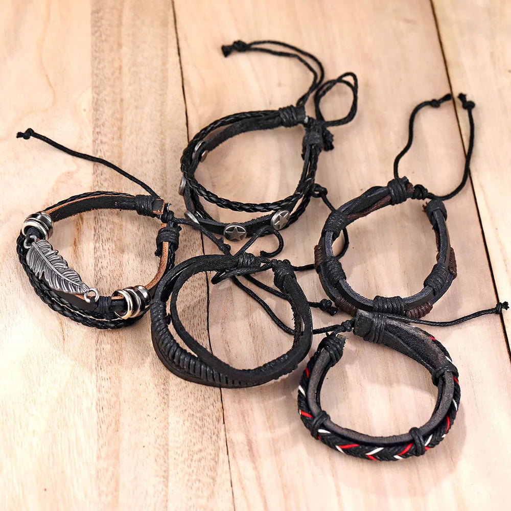 IFMIA Vintage Leather Bracelet Fashion Hand-knitted Multi-layer Leather Feather Leaf Bracelet and Fashion Men's Bracelet Gift