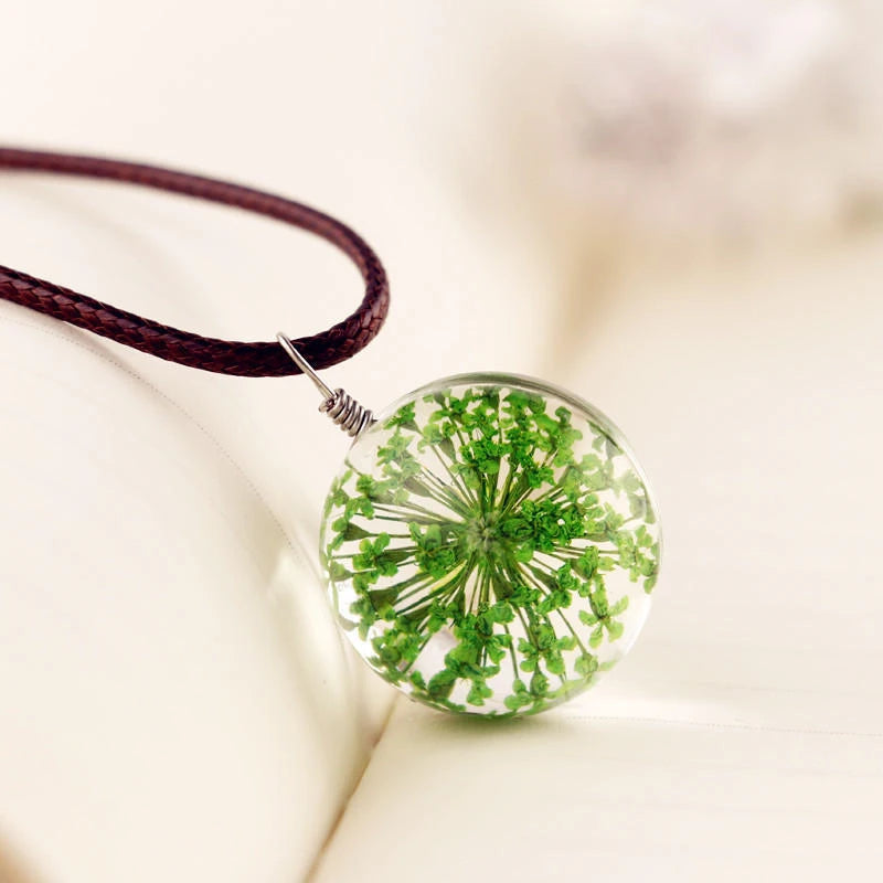 Round Dandelion Dried Flower Pendant Necklace Charm Natural Dandelion Glass Cabochon Transparent Lucky WISH Glass Ball Jewelry