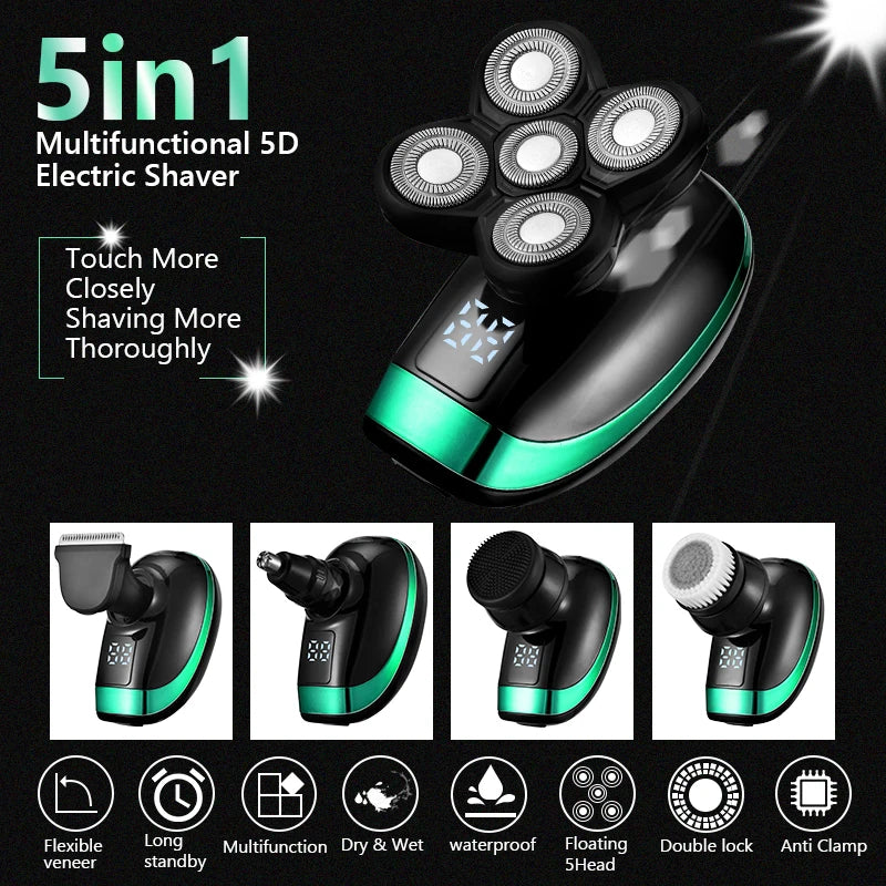 5 In 1 4D Men's Rechargeable Bald Head Electric Shaver 5 Floating Heads Beard Nose Ear Hair Trimmer Razor Clipper Facial Brush