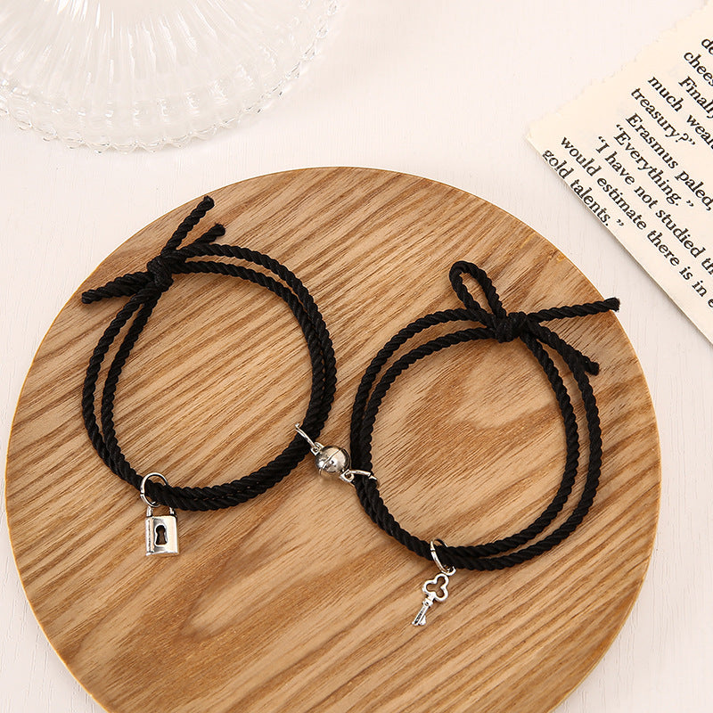 1 Pair Magnet Couple Bracelets for Lovers Lock Heart Magnetic Bracelet for Women Men Adjustable Braided Rope Jewelry Gift