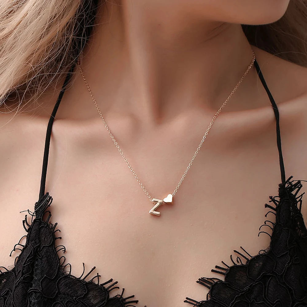 SUMENG Fashion Tiny Heart Dainty Initial Necklace Gold Silver Color Letter Name Choker  For Women Pendant Jewelry Gift