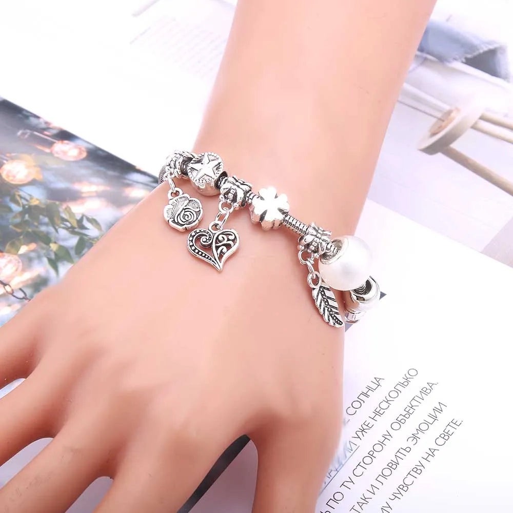 Charm Bracelet & Bangles Jewelry white butterfly Crown Beads Bracelets Brands Bracelets Fit Women Girl Friendship Gift