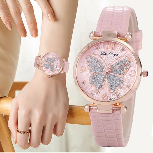 Butterfly Diamond Dial Design Women Quartz Watches Fashion Casual Ladies Wristwatches Simple Woman Leather Clock Montre Femme