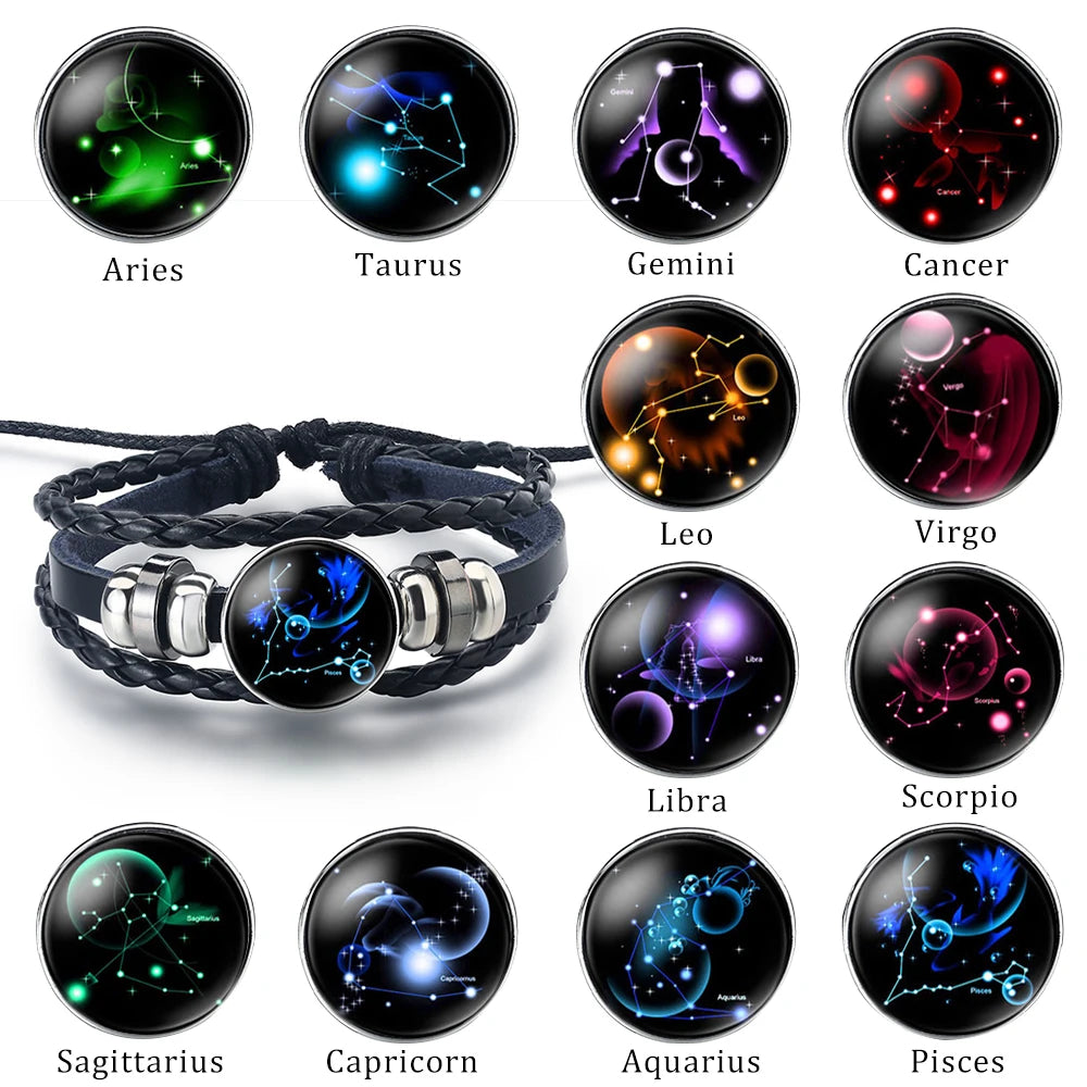 12 Zodiac Signs Constellation Bracelet Vintage Men's and Women's Multilayer Wrap Leather Bracelet & Bangle Birthday Gift