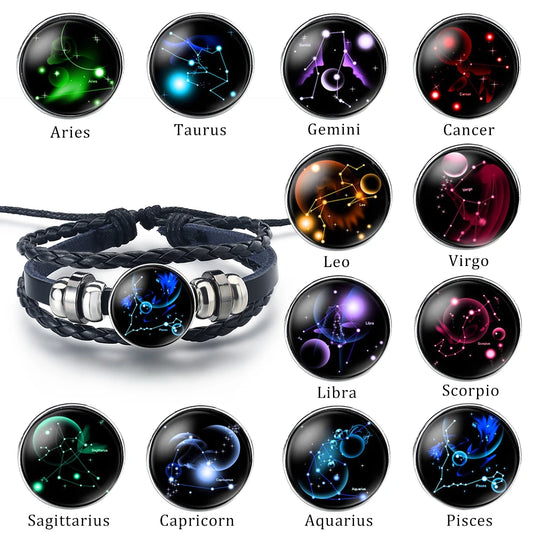 12 Zodiac Signs Constellation Bracelet Vintage Men's and Women's Multilayer Wrap Leather Bracelet & Bangle Birthday Gift