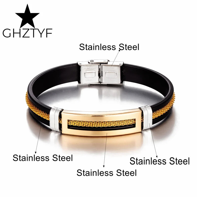 Golden Chain Stainless Steel Bracelets for Men Women Teens Black Rubber Belt Wristband Cuff Bangle Male Hand Jewelry Gifts