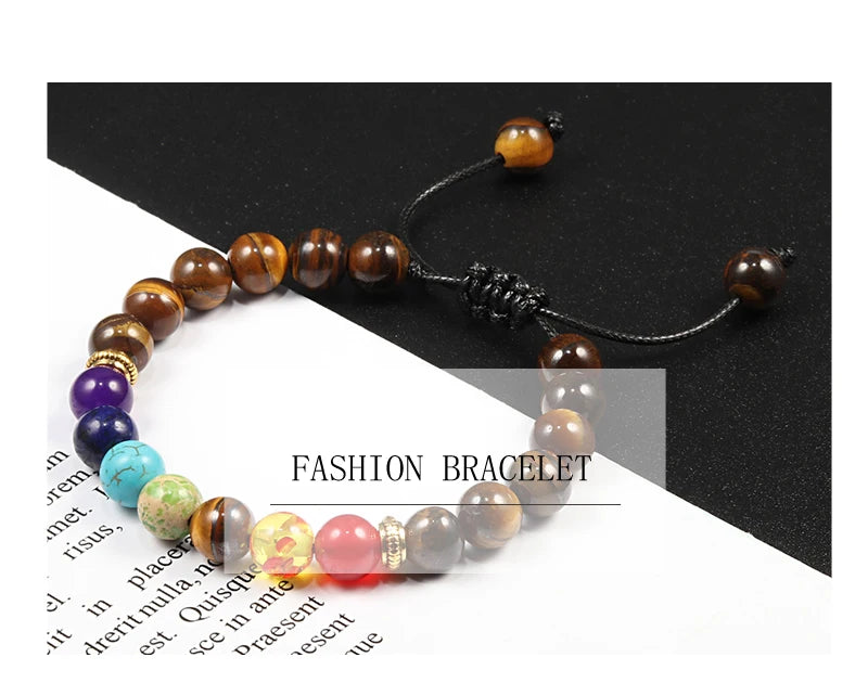 Men Women 7 Chakra Beaded Bracelets Bangles Healing Tiger Eye Stone Chakra Prayer Charm Buddha Bracelet Adjustable Jewelry Gifts