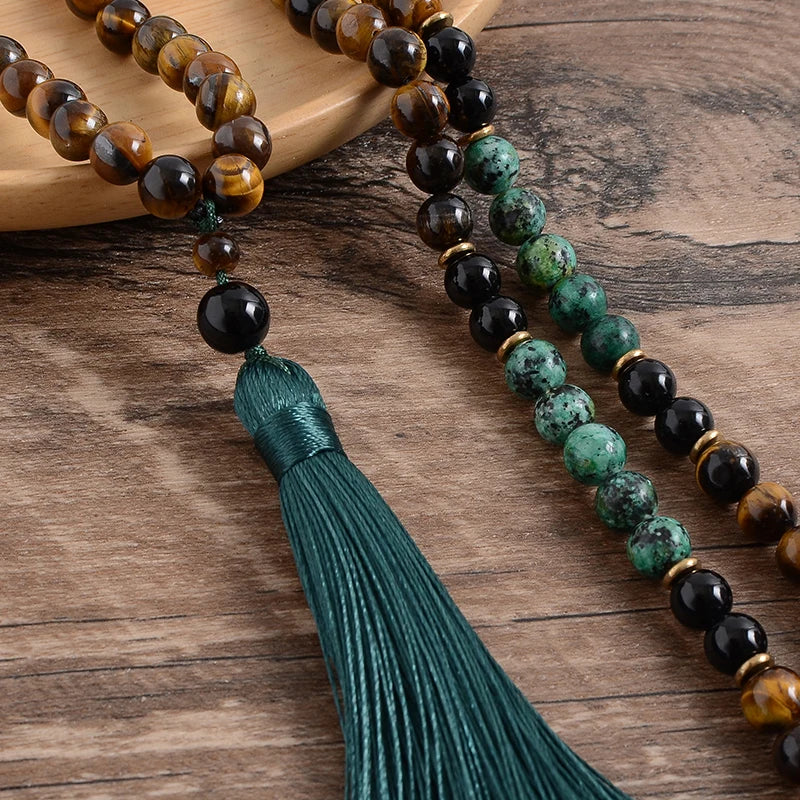 8mm Yellow Tiger Eyes Turquesa Africana Black Onyx Japamala Set Meditation Yoga Spirit Jewelry 108 Mala Beaded Tassel Necklace