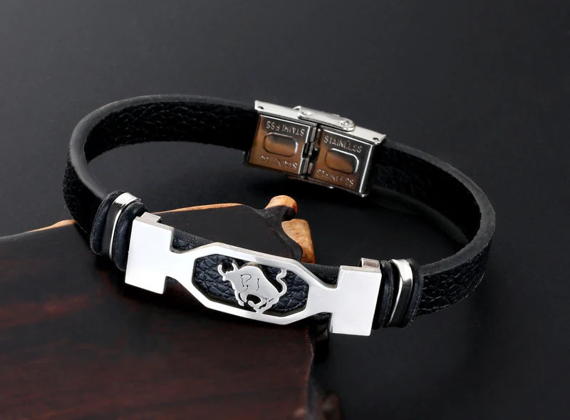 12 Constellation Stainless Steel Cuff Bracelet Men Women Zodiac Sign Black Leather Wrap Bracelet Jewelry bransoletka męska