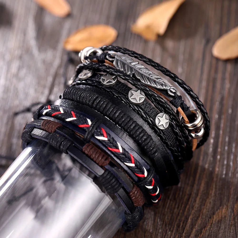 IFMIA Vintage Leather Bracelet Fashion Hand-knitted Multi-layer Leather Feather Leaf Bracelet and Fashion Men's Bracelet Gift