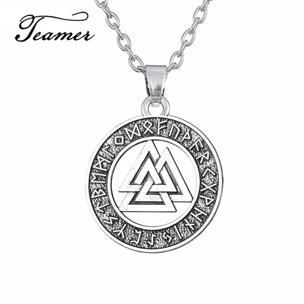 Teamer Vintage Men Ethnic Viking Necklace Warrior Scandinavian Amulet Valknut Odin's Symbol of Norse Runes Pendant Necklace