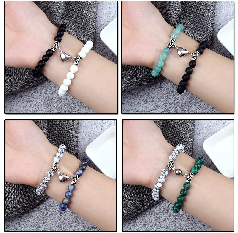 Hot Sale 2Pcs/Set Beads Bracelet For Lovers Natural Stone Distance Heart Magnet Couple Bracelets Friendship Fashion Jewelry Gift