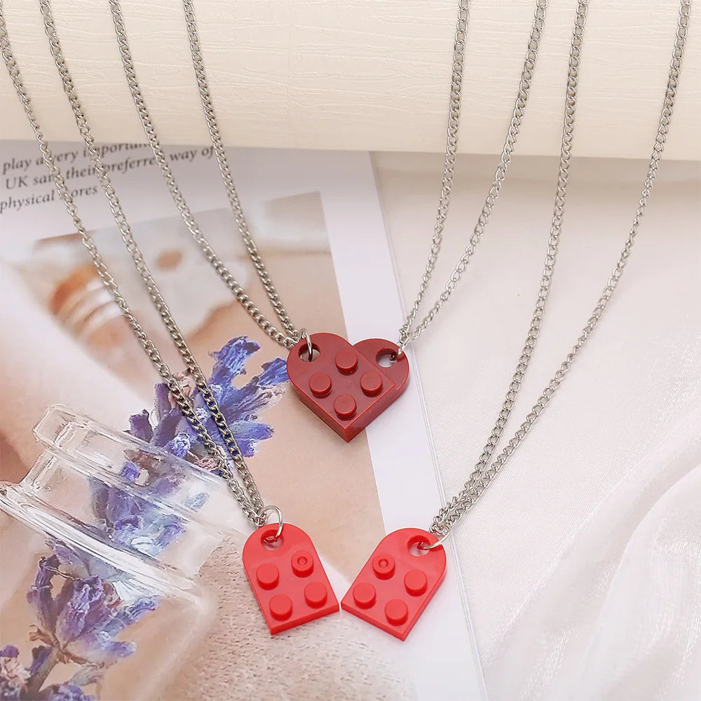 2Pcs Heart Brick Couples Love Necklace For Lovers Women Men Lego Elements Friends Necklaces Valentines Gift Jewelry