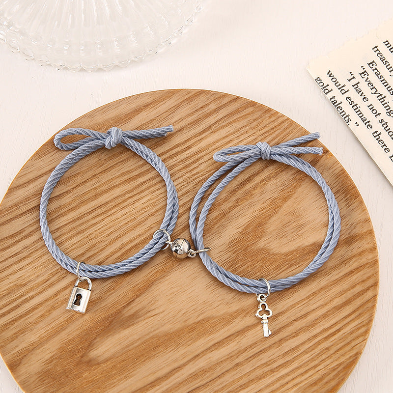 1 Pair Magnet Couple Bracelets for Lovers Lock Heart Magnetic Bracelet for Women Men Adjustable Braided Rope Jewelry Gift